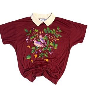 80s burgundy and purple embroidered bird polo tee